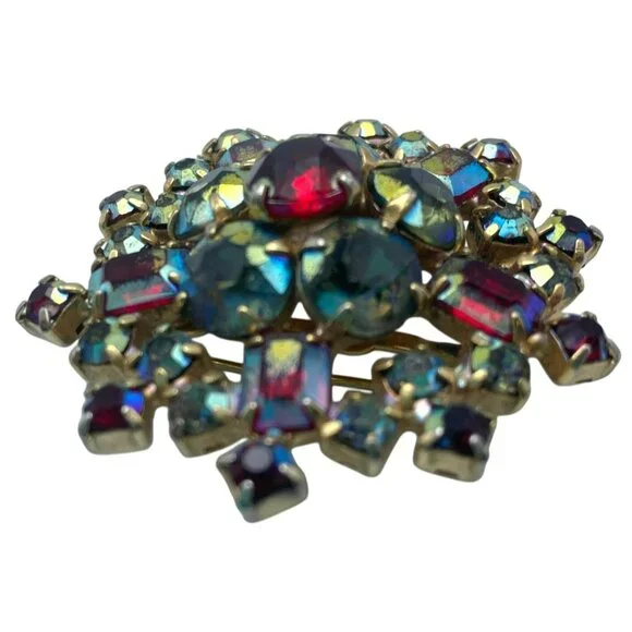 Vintage Aurora Borealis Brooch AB Red Blue Green Austrian MCM 1 3/4" GORGEOUS! - Picture 3 of 8